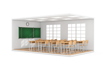School Classroom Interior with Large Window, School Desks, Chairs, Blackboard and Wooden Parquet Floor. 3d Rendering