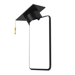 Graduation Hat On Blank Display Mobile Phone with Free Space for Your Design. 3d Rendering