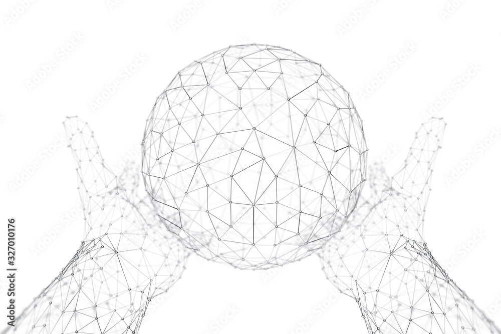 Aufkleber abstract polygonal sphere atom, dna, neurons, globe, molecule with hands in wire frame style. 3d ren