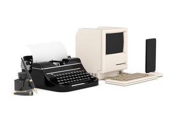 Technology Evolution Concept. Progress from Ancient Fountain Pen with Ink Bottle, through Retro Typewriter and Personal Computer to Mobile Phone. 3d Rendering