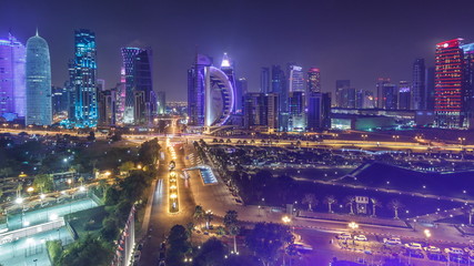 The skyline of the West Bay area from top in Doha timelapse, Qatar.