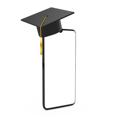 Graduation Hat On Blank Display Mobile Phone with Free Space for Your Design. 3d Rendering