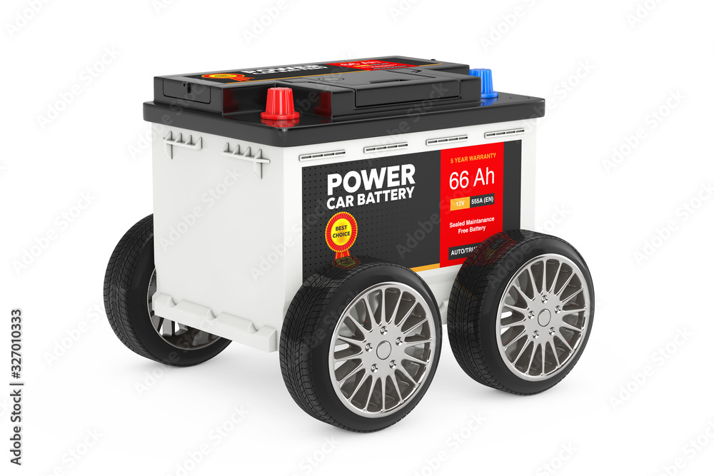 Aufkleber Rechargeable Car Battery 12V Accumulator with Abstract Label with Wheels. 3d Rendering