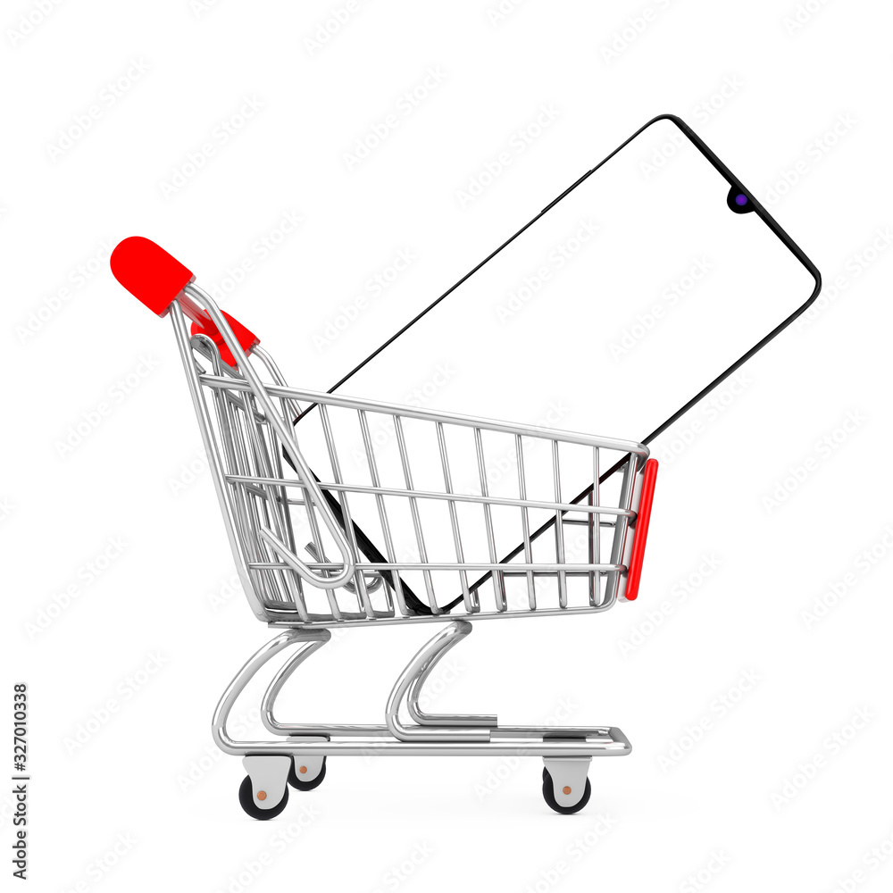 Poster Mobile Phone with Blank Screen for Your Design in Shopping Cart Trolley. 3d Rendering