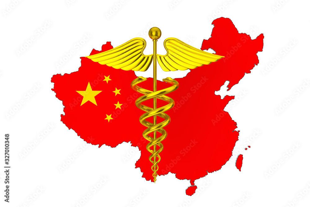 Poster Gold Medical Caduceus Symbol in front of China Map with Flag. 3d Rendering