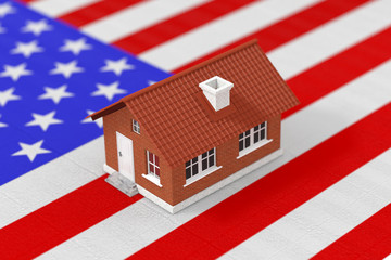 Real Estate Concept. Living House over American Flag. 3d Rendering
