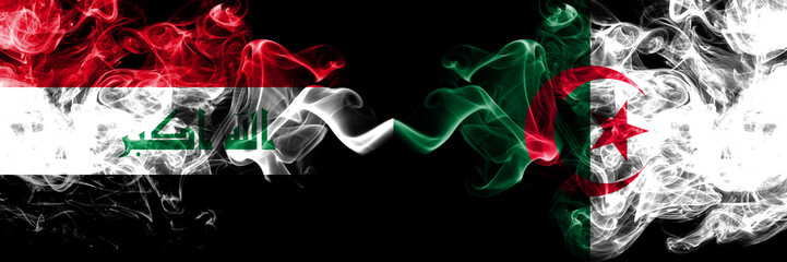 Iraq, Iraqi vs Algeria, Algerian smoky mystic flags placed side by side. Thick colored silky smokes flags together.