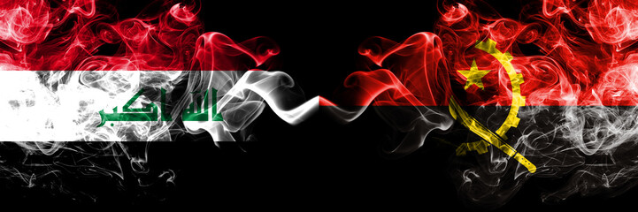 Iraq, Iraqi vs Angola, Angolan smoky mystic flags placed side by side. Thick colored silky smokes flags together.