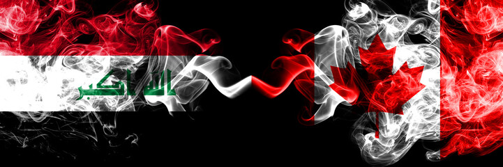Iraq, Iraqi vs Canada, Canadian smoky mystic flags placed side by side. Thick colored silky smokes flags together.