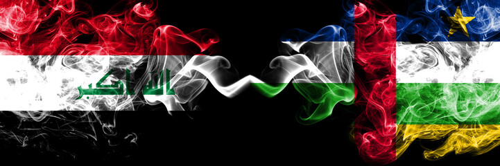 Iraq, Iraqi vs Central African Republic smoky mystic flags placed side by side. Thick colored silky smokes flags together.