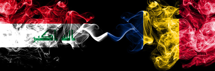 Iraq, Iraqi vs Chad, Chadian smoky mystic flags placed side by side. Thick colored silky smokes flags together.