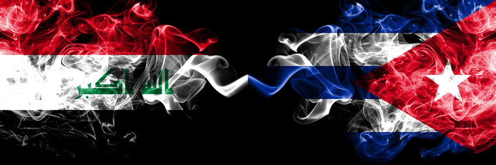 Iraq, Iraqi vs Cuba, Cuban smoky mystic flags placed side by side. Thick colored silky smokes flags together.