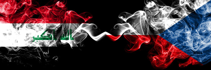 Iraq, Iraqi vs Czech Republic smoky mystic flags placed side by side. Thick colored silky smokes flags together.