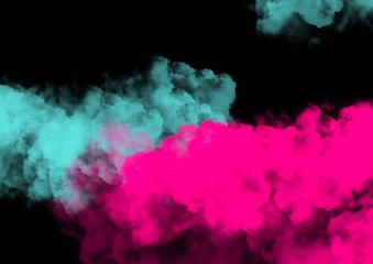 Fototapeta na wymiar Colored smoke isolated on a black background. Blue and pink clouds template. Background from the smoke of vape