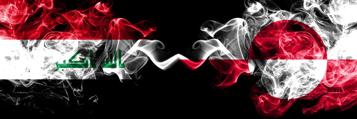 Iraq, Iraqi vs Greenland smoky mystic flags placed side by side. Thick colored silky smokes flags together.