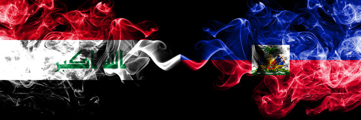 Iraq, Iraqi vs Haiti, Haitian smoky mystic flags placed side by side. Thick colored silky smokes flags together.