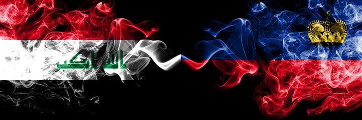 Iraq, Iraqi vs Liechtenstein, Liechtensteins smoky mystic flags placed side by side. Thick colored silky smokes flags together.