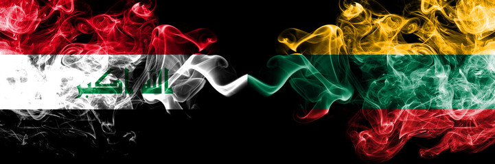 Iraq, Iraqi vs Lithuania, Lithuanian smoky mystic flags placed side by side. Thick colored silky smokes flags together.