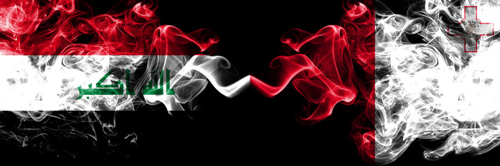 Iraq, Iraqi vs Malta, Maltese smoky mystic flags placed side by side. Thick colored silky smokes flags together.