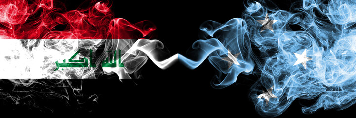 Iraq, Iraqi vs Micronesia, Micronesian smoky mystic flags placed side by side. Thick colored silky smokes flags together.
