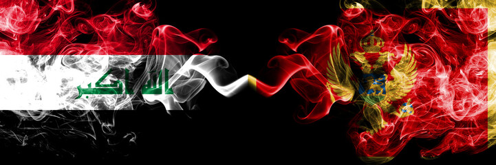 Iraq, Iraqi vs Montenegro, Montenegrin smoky mystic flags placed side by side. Thick colored silky smokes flags together.