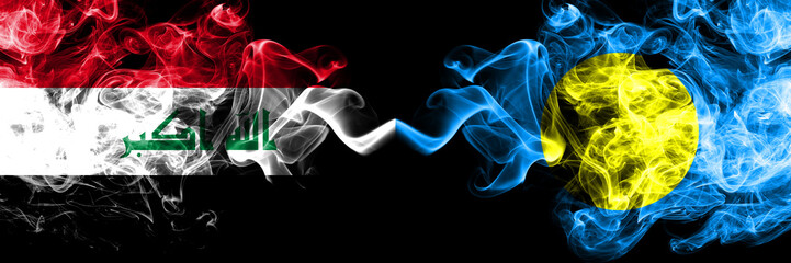Iraq, Iraqi vs Palau, Palaulan smoky mystic flags placed side by side. Thick colored silky smokes...