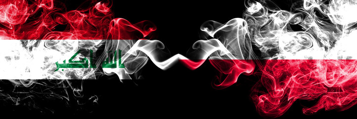 Iraq, Iraqi vs Poland, Polish smoky mystic flags placed side by side. Thick colored silky smokes flags together.
