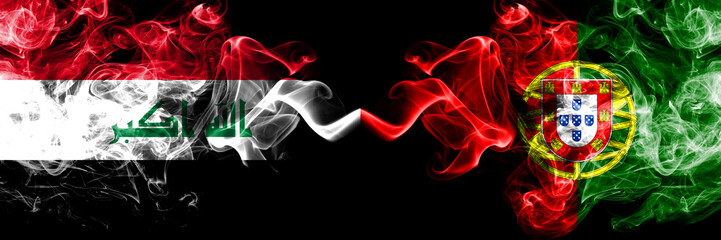 Iraq, Iraqi vs Portugal, Portuguese smoky mystic flags placed side by side. Thick colored silky smokes flags together.