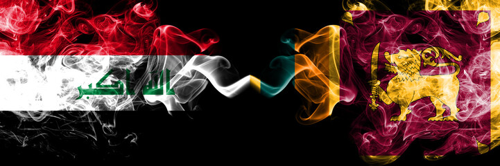 Iraq, Iraqi vs Sri Lanka, Sri Lankan smoky mystic flags placed side by side. Thick colored silky smokes flags together.