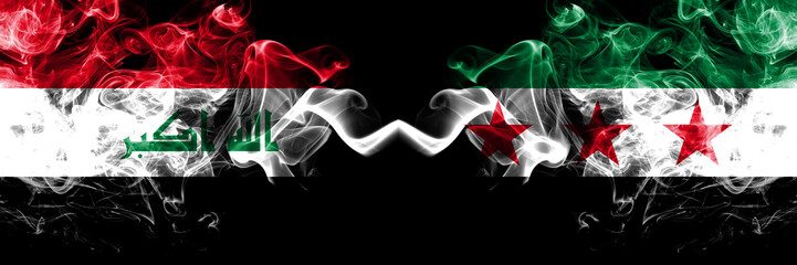 Iraq, Iraqi vs Syria, Syrian Arab Republic, opposition smoky mystic flags placed side by side. Thick colored silky smokes flags together.
