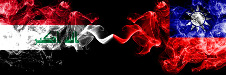 Iraq, Iraqi vs Taiwan, Taiwanese smoky mystic flags placed side by side. Thick colored silky smokes flags together.