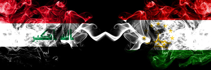 Iraq, Iraqi vs Tajikistan, Tajikistani smoky mystic flags placed side by side. Thick colored silky smokes flags together.