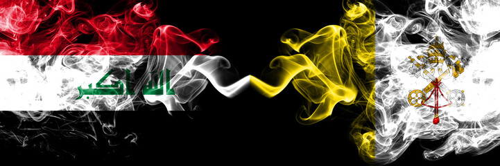Fototapeta premium Iraq, Iraqi vs Vatican city smoky mystic flags placed side by side. Thick colored silky smokes flags together.