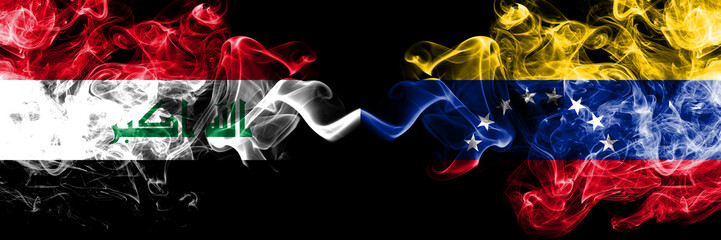 Iraq, Iraqi vs Venezuela, Venezuelan smoky mystic flags placed side by side. Thick colored silky smokes flags together.