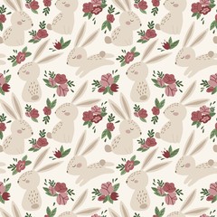 Seamless pattern with cute bunny and pink flowers. Vector illustration.