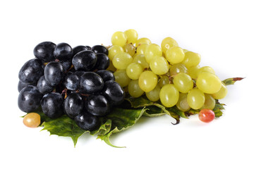 Grape on autumn leaves. Different color grape