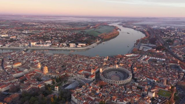 river Rh&ocirc;ne in Arles Camargue France aerial shot sunrise 