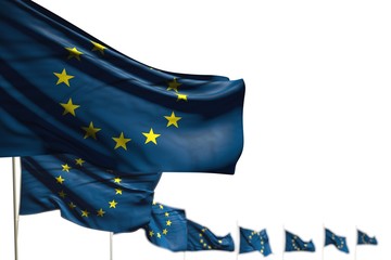 wonderful European Union isolated flags placed diagonal, photo with soft focus and space for your text - any occasion flag 3d illustration..
