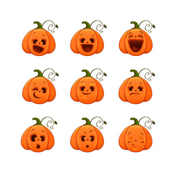 cartoon vector set of illustration of cute funny Halloween pumpkin, Isolated on white, emoticon collection, Halloween icon for holiday, sticker for print on t-shirt eps 10  emoji mascot