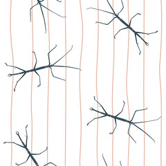 Childish stick insects hand-drawn scandinavian seamless pattern. Cartoon kids pattern for wrapping paper, fabric, textile, wallpaper, background	