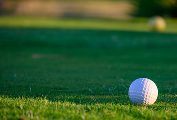 Excellent well-kept green grass lawn on large golf course, green section with big white foam ball for beginners on Tenerife island, Canary, Spain