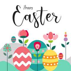 Happy Easter greeting card with flowers and eggs, flat vector illustration 
