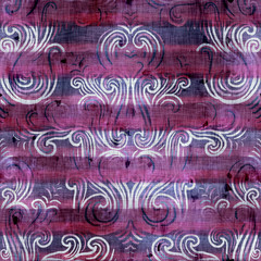 Seamless watercolor wash stripes in vivid fuchsia purple with intricate hand drawn damask pattern overlay. Seamless repeat raster jpg pattern swatch.