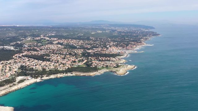 large aerial view blue coast mediterranean sea France Sausset les pins touristic destination 
