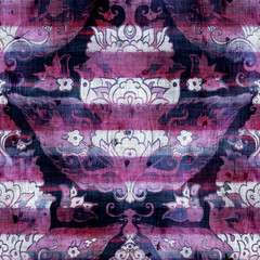 Seamless watercolor wash stripes in vivid fuchsia purple with intricate hand drawn turkish pattern overlay. Seamless repeat raster jpg pattern swatch.