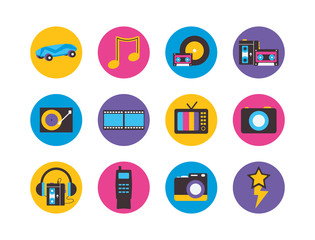 retro flat block style icon set vector design