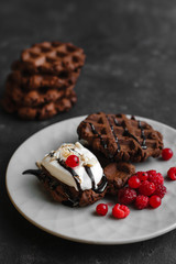 Homemade chocolate waffles with powdered sugar on a plate of raspberries with ice cream and chocolate on a dark background space for text