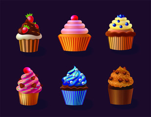 Vector cupcakes isolated illustration, cakes graphic design in different colors, dessert illustration, cupcakes with berries and cherries, cupcake with berry,raspberry ,strawberry