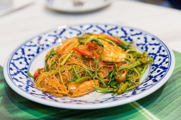 Stir-fried rice vermicelli & water mimosa with prawns