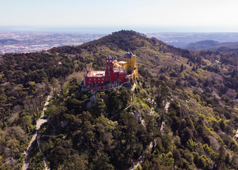 Pena Palace on a hill in the city of Sintra in Portugal in spring